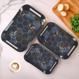 Decorative Serving Trays Set,Hexagon Pattern, Navy Blue and Gold, Glossy Kitchen Tray-image-19