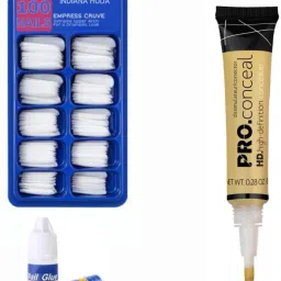 100 Pcs Reusable Acrylic False Nails With Nail Glue & HD PRO CONCEAL Concealer(Yellow Corrector 8Gm)-25