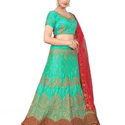 MANVAA Embroidered Beads and Stones Semi-Stitched Lehenga & Unstitched Blouse With Dupatta image 5
