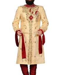 Diamond Style Gold Jacquard - Look Regal for Weddings Festivals & Special Events Embroidered Sherwani-image-49