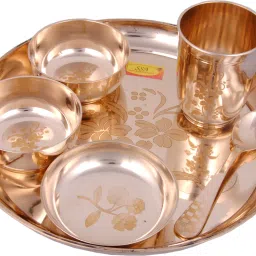 Pack of 6 Bronze Bronze | Kansa Thali Dinner Set - 6 Piece, Gold - ( Laser Flower Design ) Dinner Set-image-57