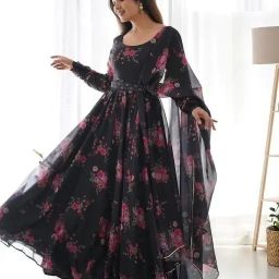 Floral Print, Geometric Print Georgette Stitched Anarkali Gown-picture-13