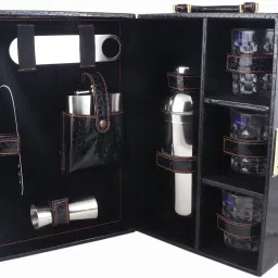 vegan Leathers 3 Glasses Black Bar Set |Premium Bar Set Bottle Opener with Bottle Handy Portable Leatherette Bar Set for car | Whiskey Glasses AIBLC008 1 - Piece Bar Set-image-23
