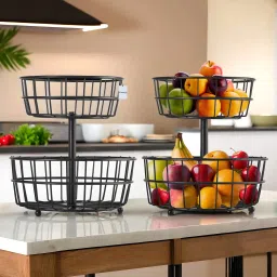 Pack of 2 Metal 2-Layer Fruit Basket for Dining Table | Black Iron Fruit & Vegetable Basket-image-18
