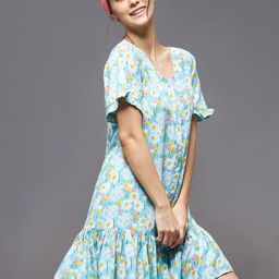 Miss Chase Blue Floral Printed Chiffon A-Line Dress-58