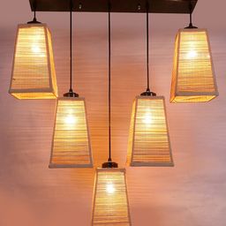 Devansh Beige & Black Textured Pyramid Bamboo Quintuple Hanging lamp image 4