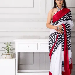TROPWEAR Geometric Ikat Pure Cotton Jaipuri Mulmul Block Print Saree image 3