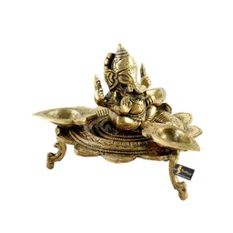 Two Moustaches Gold Toned Textured Ganesha On Lotus With Three Leaf Design Diya image 2