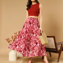 Women Printed Pleated Red Skirt-image-2