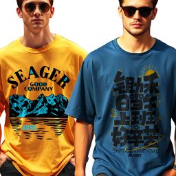Pack of 2 Men Printed Round Neck Cotton Blend Dark Blue, Yellow T-Shirt-image-1