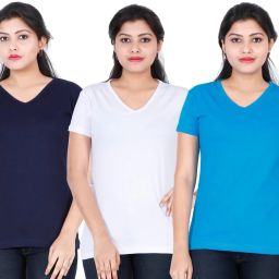 Pack of 3 Women Solid V Neck Cotton Blend Multicolor T-Shirt-image-91
