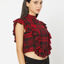 SPYKAR Red Checked Styled Back Crop Top image 3