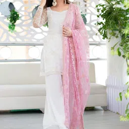 Label Shaurya Sanadhya Women White Ethnic Motifs Embroidered Regular Thread Work Kurta with Palazzos & With image 3