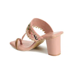 Anouk Peach-Coloured & Gold-Toned Embroidered Block Heels image 4