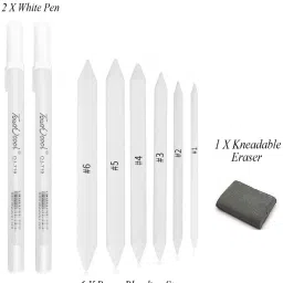 Art White Paper Stump/Art Blender/Tortillons to Smudge or Blend Charcoal, Pastel, Crayon & Graphite with Kneadable Eraser & 2 X White Highlighter Pen 0.8mm for Highlighting and Reflection effect-7