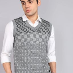 Men Printed V Neck Grey Sweater-image-64