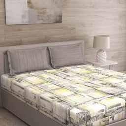 GM Yellow & Grey Abstract 144 TC Cotton 1 Super Queen Bedsheet with 2 Pillow Covers-picture-16