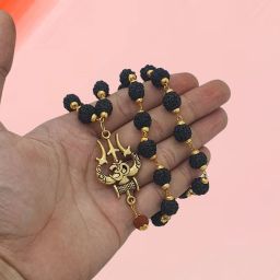 Mahakal Locket with Rudraksha Mala, Trishul Damru Pendant, Spiritual Shiva mala Gold-plated Beads Brass, Wood Pendant Set-image-28