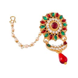 Silvermerc Designs Red & Green Gold-Plated Stone-Studded & Pearl Beaded Borla Maang Tikka image 4