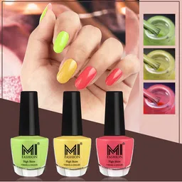 MI FASHION Vernis A Ongles Bang On Shine Pack Of 3 Nail Polish 12ml each - Parrot Green, Yellow, Peach Crush-52