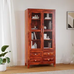 Solid Wood Cabinet With 2 Glass Door & 4 Drawers Storage For Living Room Home Solid Wood Close Book Shelf-46