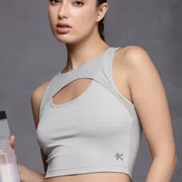 Women Solid Round Neck Polyester Grey T-Shirt-image-1