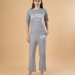 Women Top & Pyjama Set Grey Self Design-image-3