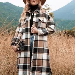 Mast & Harbour Khaki Coloured Checked Spread Collar Longline Open Front Jacket image 3