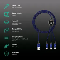 iGear Type A to Type C, Micro USB, Lightning 3.3 Feet (1M) 3-in-1 Cable (LED Indicator, Blue) image 2