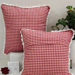 SLEEPY THREADS Red & White Set of 2 Checked Square Cushion Covers image 2