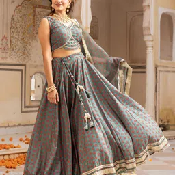 Ambraee Printed Block Print Ready to Wear Lehenga & Blouse With Dupatta image 5