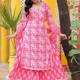PARTHVI Women Printed Regular Thread Work Kurta with Skirt & With Dupatta image 3