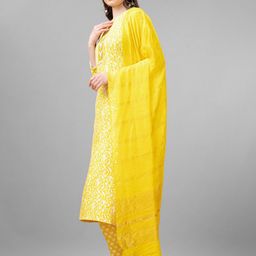 ARADHNA Floral Printed Regular Thread Work Kurta With Trousers & Dupatta image 3
