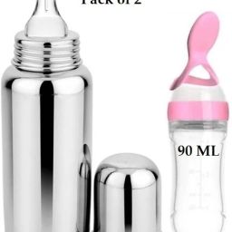 Stainless Steel Baby Milk Feeding Bottle240ML 304 GRADE With Silicon Food Feeder- Stainless Steel, Silicone-image-5