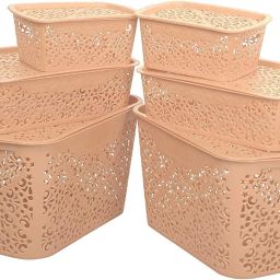 Plastic 2 Large + 2 Medium + 2 Small Turkish Basket for Kitchen | Vegetables | Toys | Books | Office | Stationery | Utility | Cosmetics | Accessories | Closet | Wardrobe | Beige (with Lid, 2Large + 2Medium + 2Small) Storage Basket-image-80