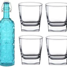 Bottle & 4 Glass Serving Lemon Set, Blue, Clear, Glass - A88 Jug Bottle Glass Set-image-54
