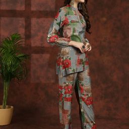 Claura Grey Abstract Printed Mandarin Collar Tunic With Flared Palazzos image 4