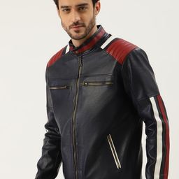 Leather Retail Men Navy Blue Solid Leather Jacket-picture-8