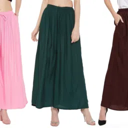 tnq Pack of 3 Women Flared Pink, Dark Green, Brown Viscose Rayon Trousers-picture-13