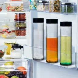 satani Glass Water Bottles with AirTight Leak Proof Reusable Black Plastic Lids Juicing 1000 ml Bottle image 4
