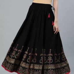 Women Printed Gathered Black, Gold, Red Skirt-image-29