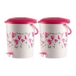 Kuber Industries Set Of 2 Pink Floral Printed Plastic Pedal Dustbin With Handle image 5