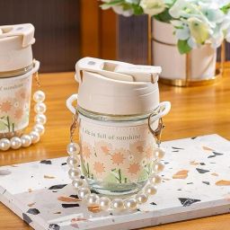 Pearl Glass Coffees with Pearl Chain Belt & Sleeve, Reusable Travel Sipper Glass, Plastic Coffee Mug-image-8