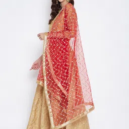 Clora Creation Women Red & Gold Geometric Embroidered Mirror Work Net Dupatta image 3