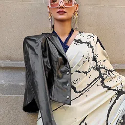 Mitera Cream-Coloured & Black Printed Block Print Saree image 4