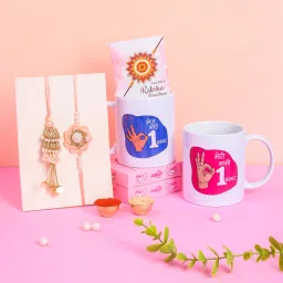 "BHAI BHABHI NO 1 " with Designer RakhI & roli chawal & rakhi Wishes Card Ceramic Coffee Mug-image-66