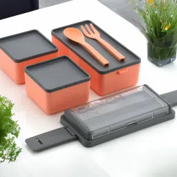omortex Rectangular Classy 3 Section Lunch Box With 1 Spoon & 1 Fork 3 Containers Lunch Box image 3
