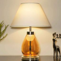 kapoor lampshades Damien White Cotton Shade Night Lamp With Metal & Glass Base-picture-5