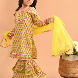 LilPicks Girls Ethnic Motifs Printed Gotta Patti Pure Cotton Kurta With Sharara & Dupatta-image-30