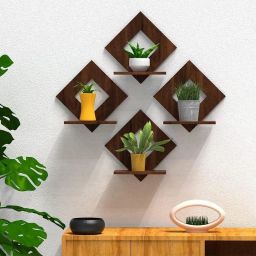 Walnut Finish Wooden Square Wall Hanging Planter Stand/Plant Shelf Wooden Wall Shelf-10